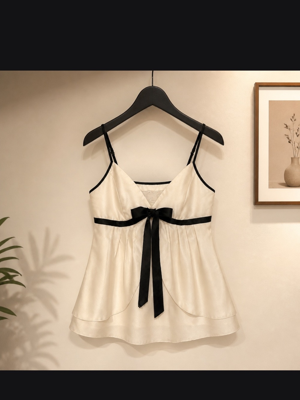 Silky and satin white with Black Trim and Bow top By White House Black Market